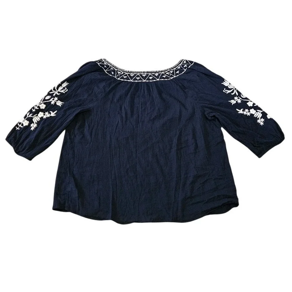 Talbots Blouse Plus Womens 2X Navy Blue Embroidered Cotton Gauze 3/4 Sleeve Boho